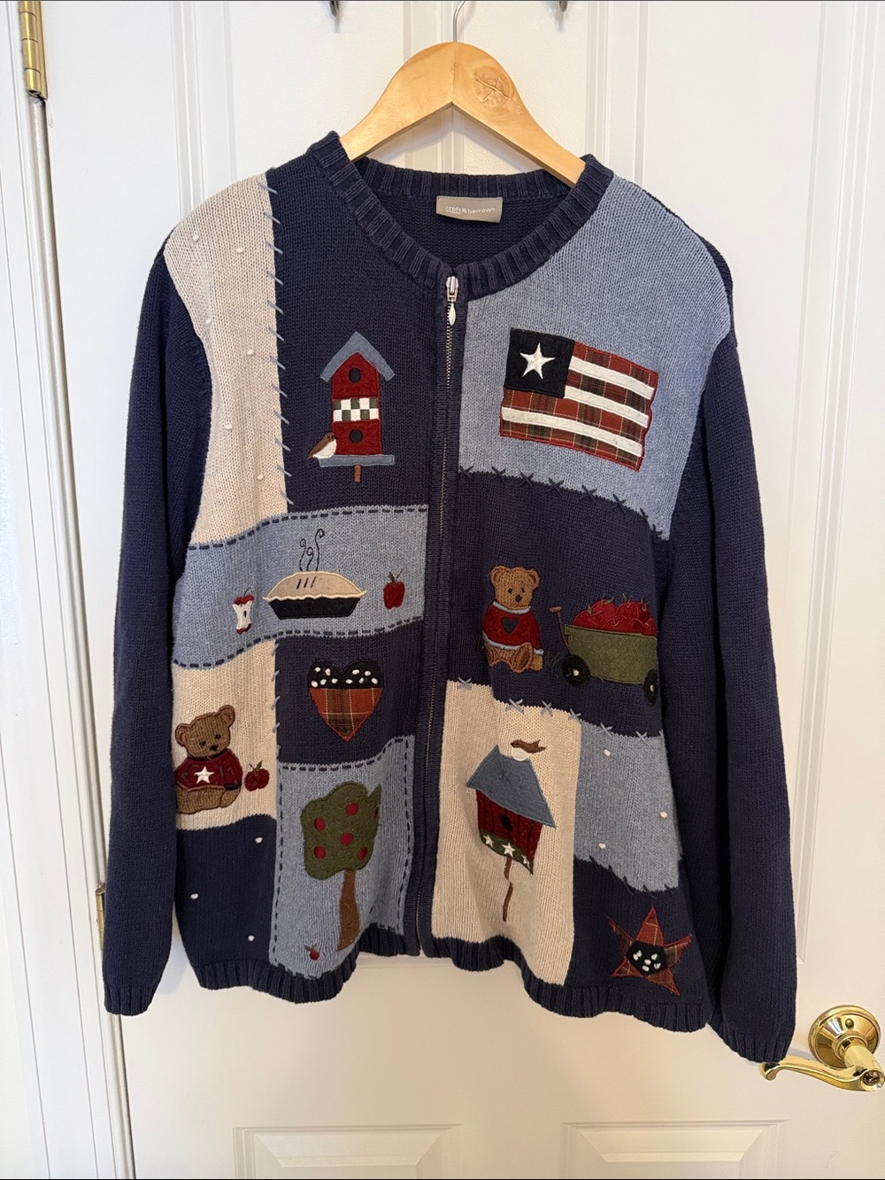 croft & barrow Navy, Light Blue, Cream Patchwork Zip Cardigan Sweater